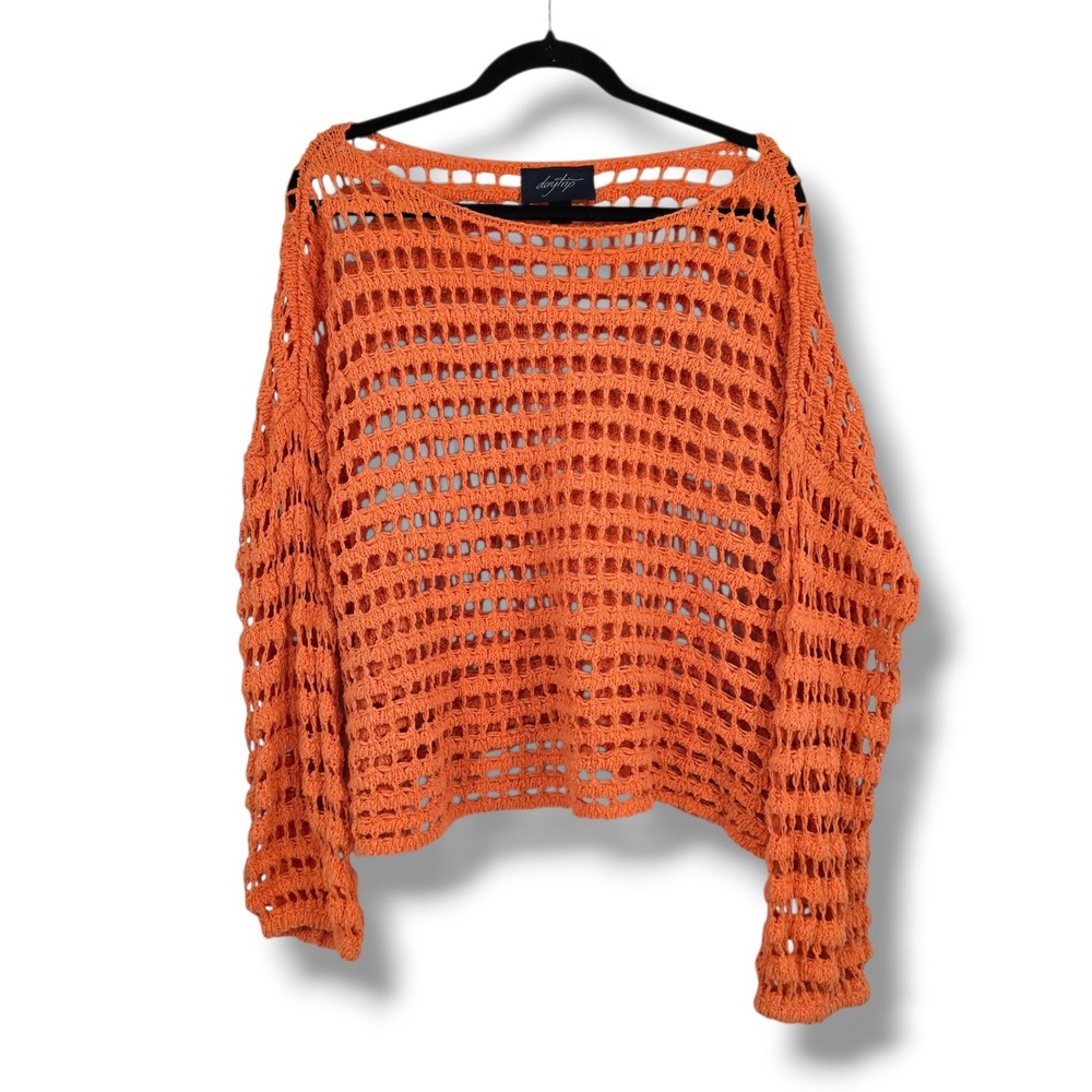 Daytrip Womens Orange Open Knit Crochet Sweater Relaxed Fit Size Medium
